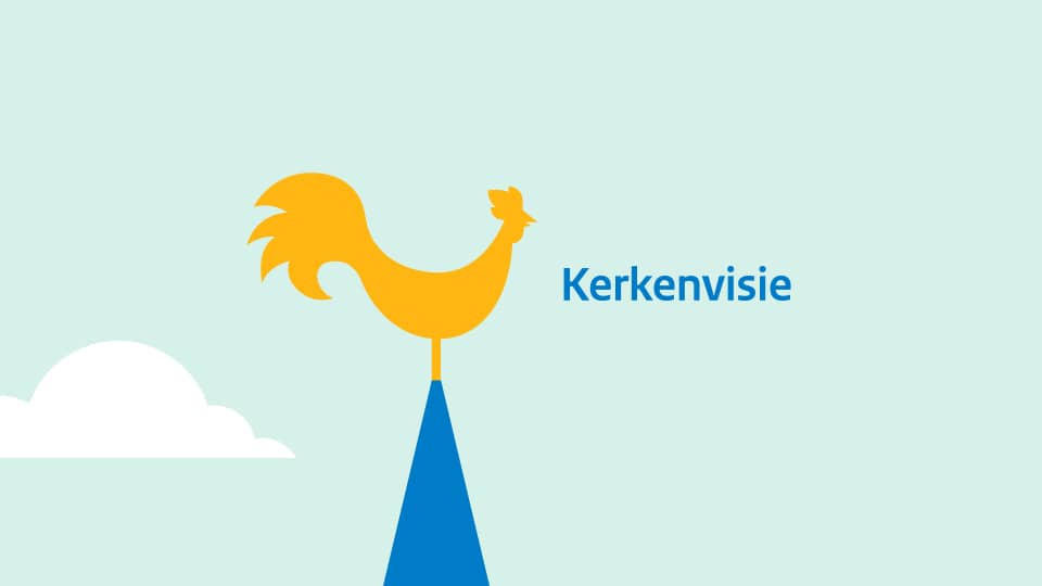 Tekening van een haan op een kerktoren met de tekst "Kerkenvisie"
